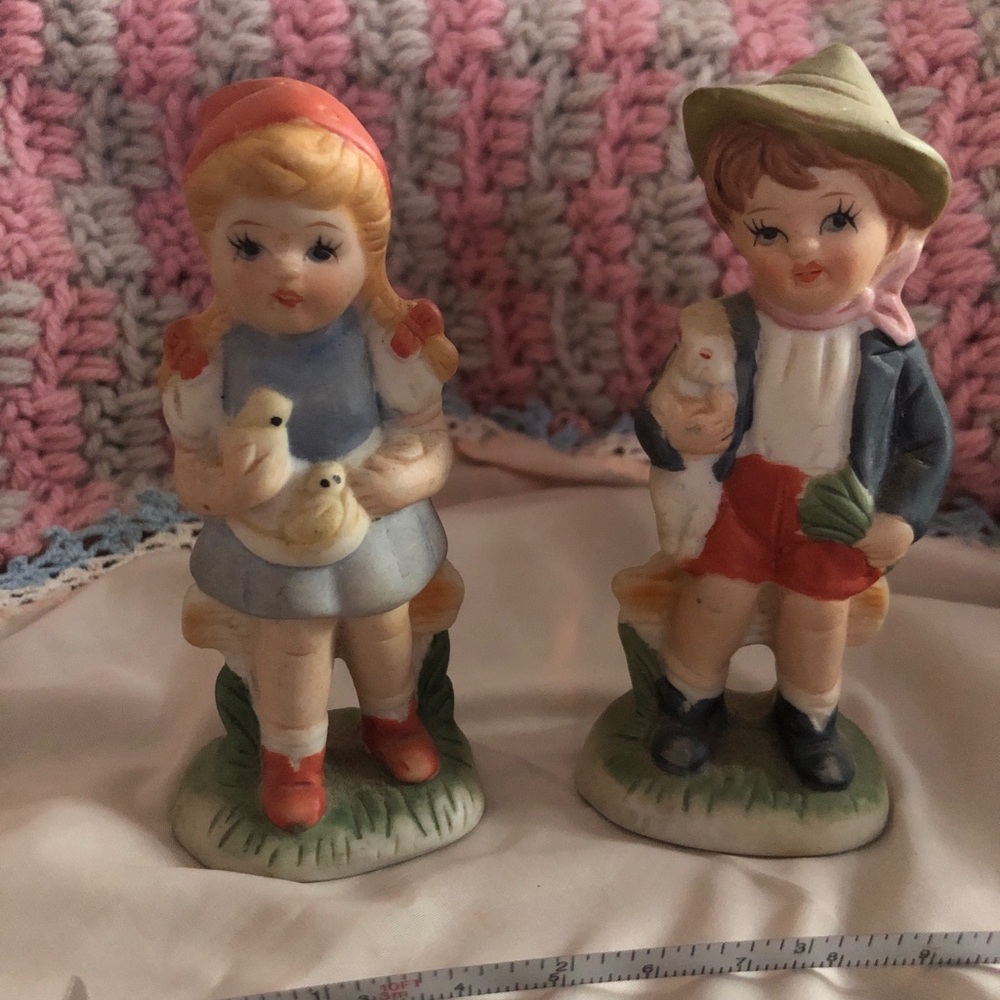 Vintage Ceramic Boy and Girl Figurine Pair - Pastel Colors